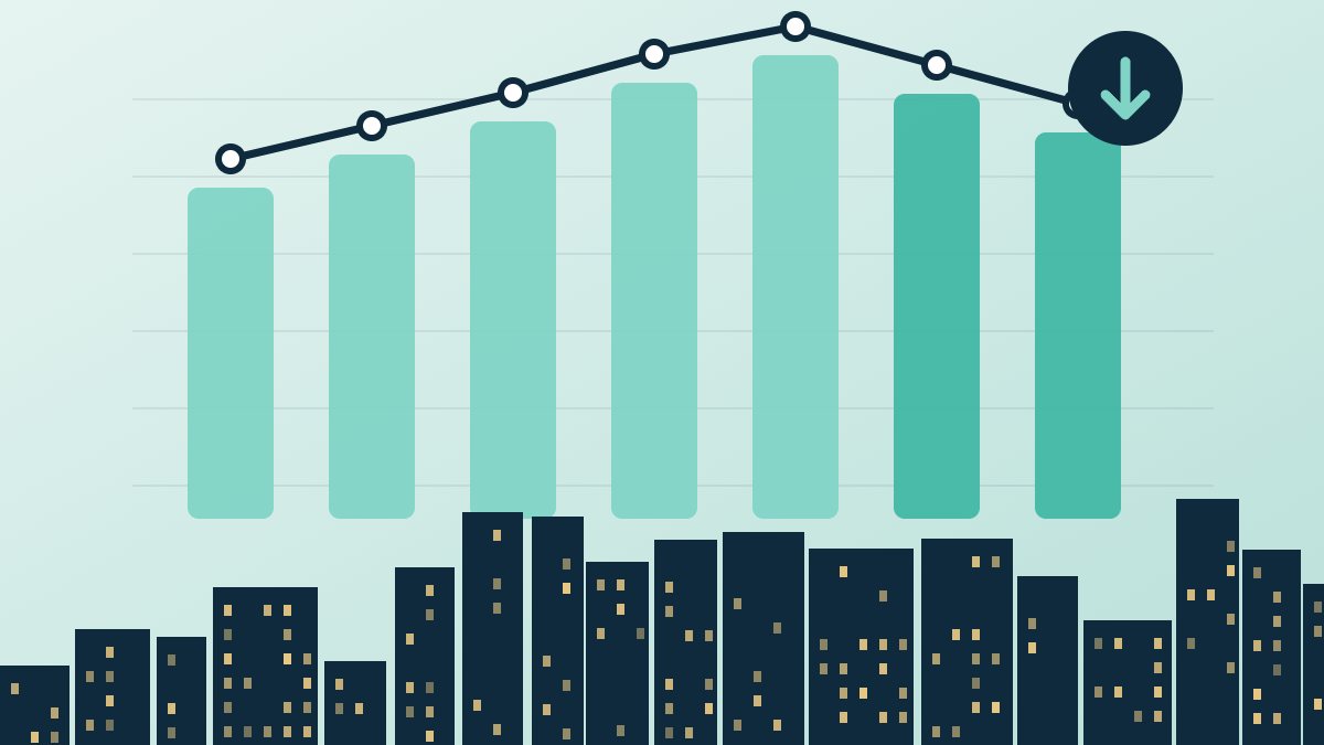 Illustrazione: grafico a barre in discesa sopra lo skyline di una città