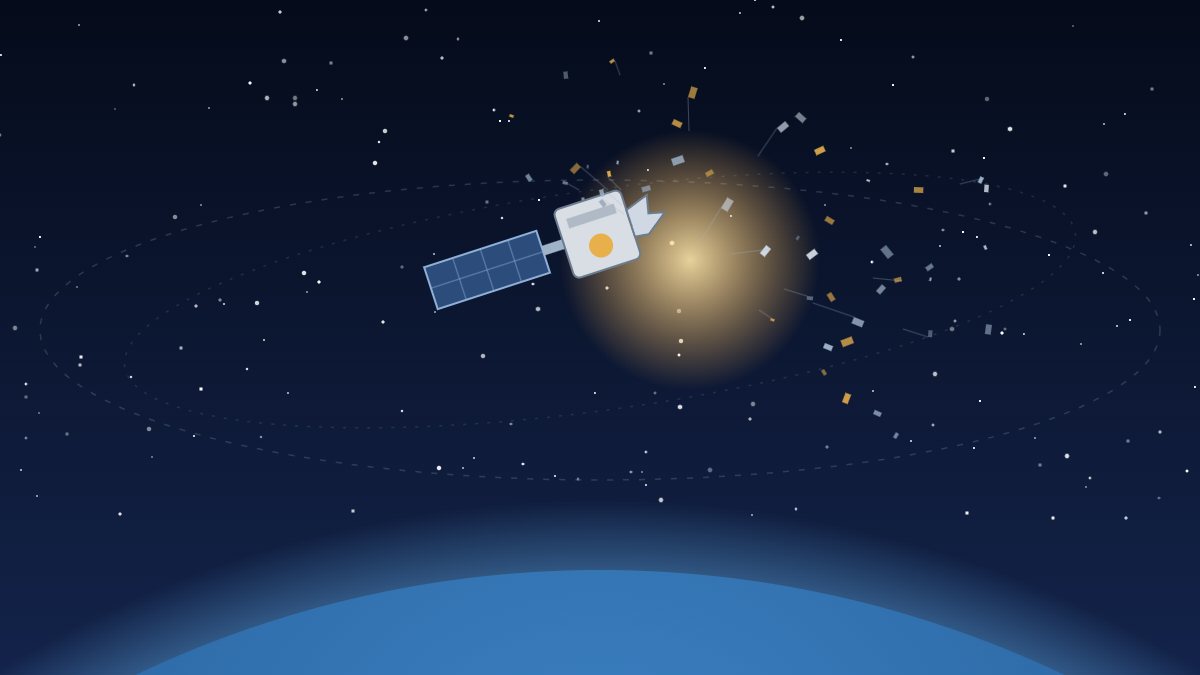 Illustrazione: un satellite si spezza in orbita sopra la Terra